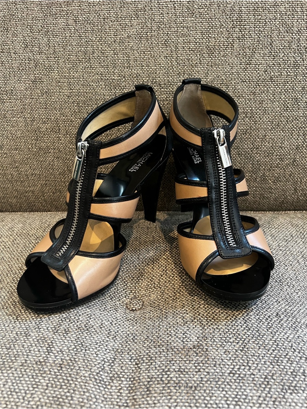 Michael Kors Black and Tan Strappy Zip-Front High Heels
